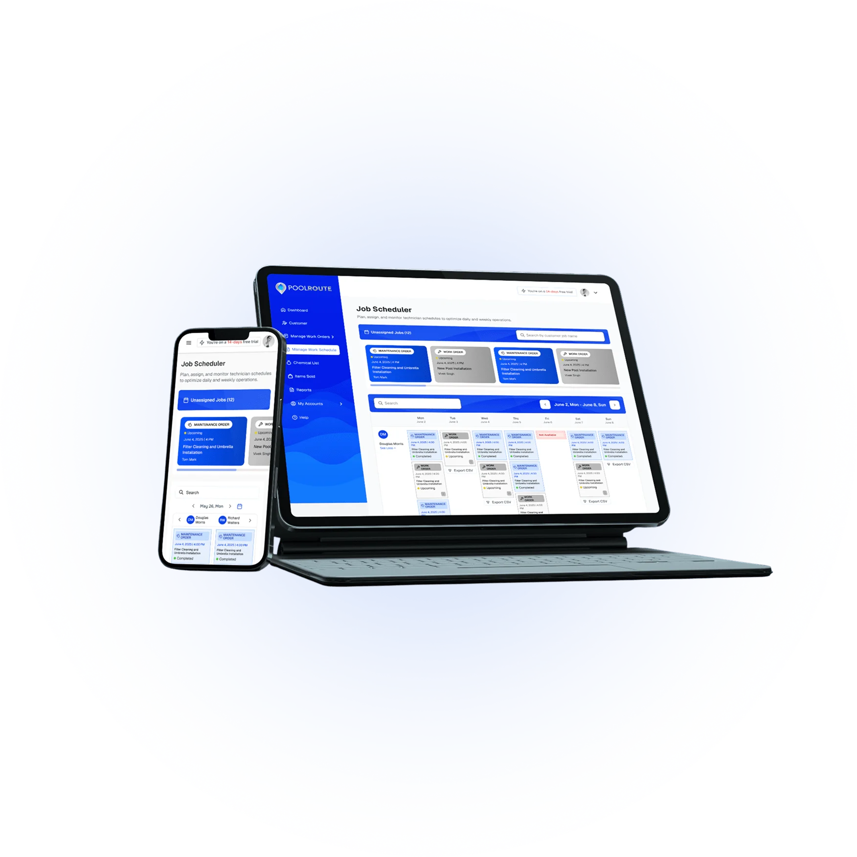 Pool Route software dashboard displayed on laptop and mobile devices